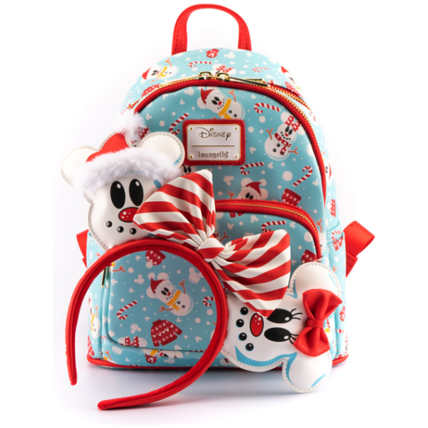 LOUNGEFLY DISNEY MINNIE MICKEY SNOWMAN AOP MINI NAHRBTNIK IN TRAK ZA LASE