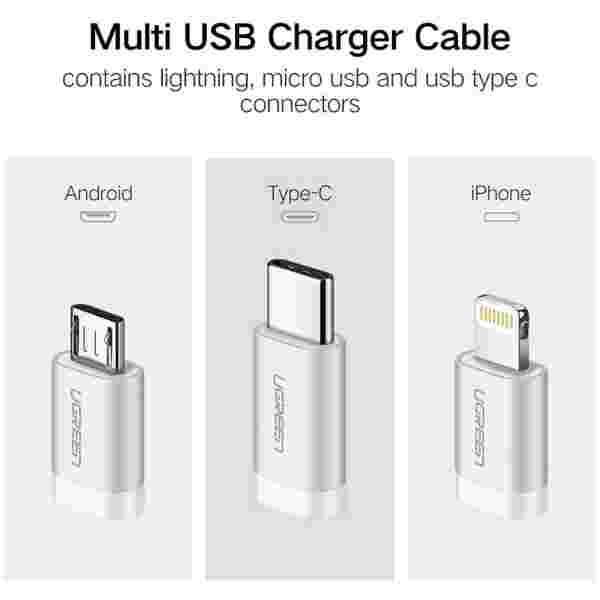 Ugreen USB 2.0 na Micro USB+Lightning+Type C (3 v 1) podatkovni kabel pleten 1