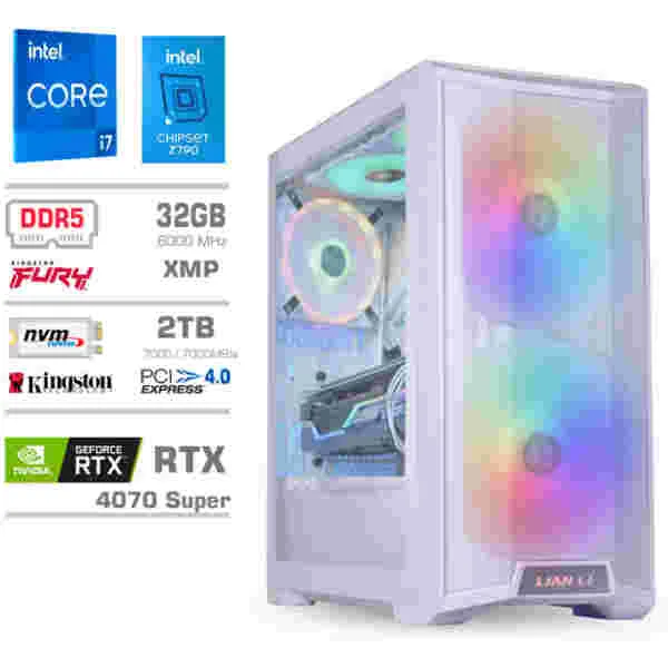 Računalnik MEGA TWR S10 i7-14700F/RTX4070 Super/32GB-DDR5/2TB-4.0/1000W/Brez OS/bela RGB