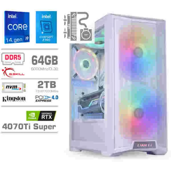 Računalnik MEGA TWR S10 i9-14900KF/RTX4070Ti Super/64GB-DDR5/2TB-4.0/1000W/Brez OS/bela RGB