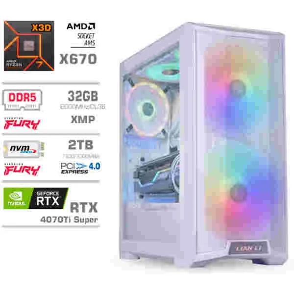 Računalnik MEGA TWR S10 R7-7800X3D/RTX4070Ti Super/32GB-DDR5/2TB-4.0/1000W/Brez OS/bela RGB