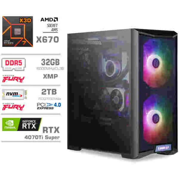 Računalnik MEGA TWR S10 R7-7800X3D/RTX4070Ti Super/32GB-DDR5/2TB-4.0/1000W/Brez OS/črna RGB