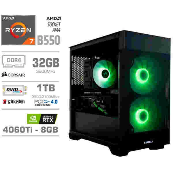 Računalnik MEGA MT S7X R7-5700X/RTX4060Ti/32GB/1TB-4.0/750W/Brez OS/črna RGB + Estetski napajalni kabli