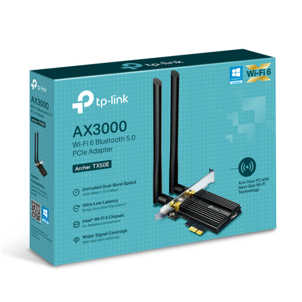 Brezžični mrežni adapter PCIe TP-Link WiFi6 802.11ax AX3000 2402Mbit/s Dualband 2x antena BT 5.0 (Archer TX50E)