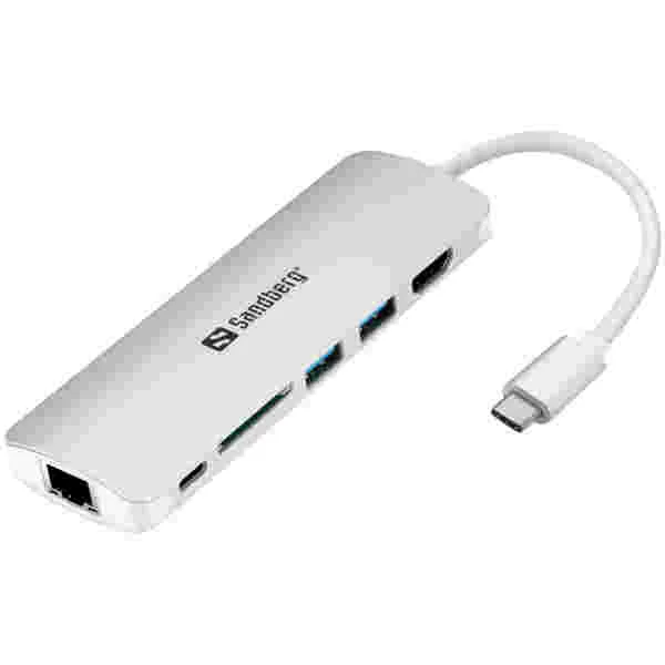 HUB USB-C => 2xUSB3.0 USB-C(PD 61W) HDMI čitalec kartic SD RJ45 Sandberg (136-18)