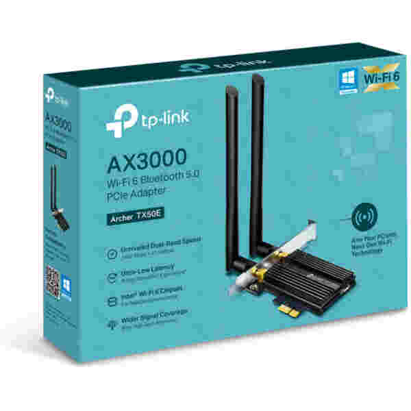 Brezžični mrežni adapter PCIe TP-Link WiFi6 802.11ax AX3000 2402Mbit/s Dualband 2x antena BT 5.0 (Archer TX50E)