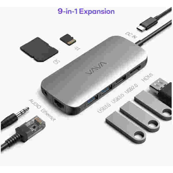 Priklopna postaja USB-C => VAVA 2x USB 3.0 1x USB 2.0 tip HDMI 4K ETH LAN SD in microSD PD 60W (VA-UC006)