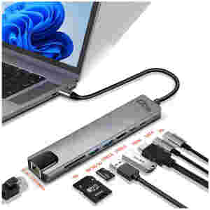 Priklopna postaja USB-C => Media-Tech 8v1 1xHDMI 1xUSB2.0 1xUSB3.0 1xUSB-C podatkovni 1xUSB-C PD 100W 1xLAN čitalec kartic SD/microSD (MT5046)