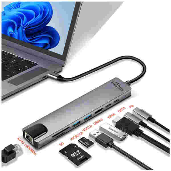 Priklopna postaja USB-C => Media-Tech 8v1 1xHDMI 1xUSB2.0 1xUSB3.0 1xUSB-C podatkovni 1xUSB-C PD 100W 1xLAN čitalec kartic SD/microSD (MT5046)