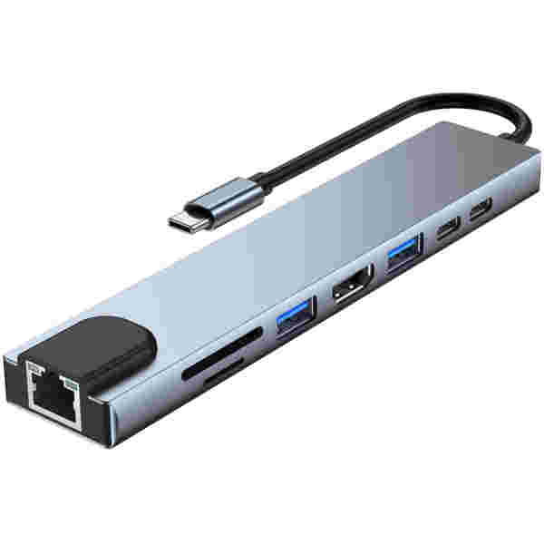 Priklopna postaja USB-C => MOYE X8 1xHDMI 1xUSB3.0 1xUSB3.0 2xUSB-C 87W 1xRJ45 čitalec kartic SD/microSD/TF (8831)