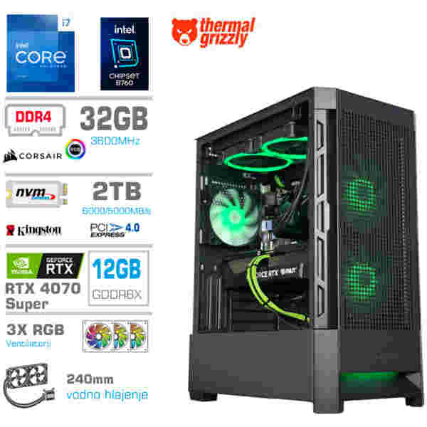 Računalnik MEGA MT S8 i7-13700KF/RTX4070 Super/32GB/2TB-4.0/750W/Brez OS/črna RGB + Estetski napajalni kabli [Zelena / Črna]