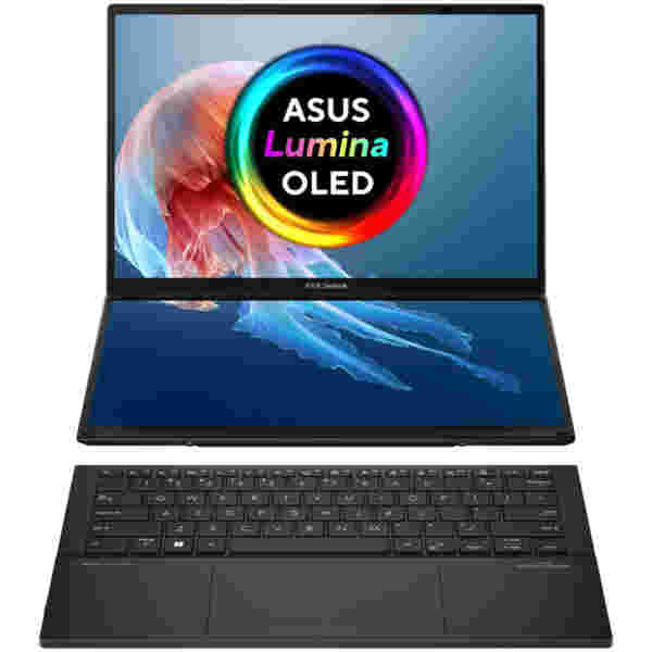 Prenosnik Asus 2x 35,5 cm (14,0") Zenbook Duo 14 OLED 2x 2880x1800 OLED na dotik 400nit 120Hz U9-185H/32GB/SSD2TB/BL RGB/Pisalo/ALU/Intel Arc/Win11Home (90NB12U1-M00EV0)