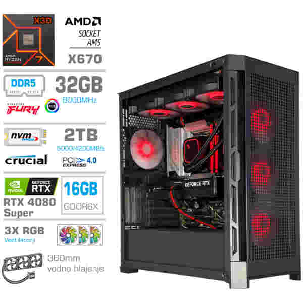 Računalnik MEGA TWR S11 R7-7800X3D/RTX4080 Super/32GB-DDR5/2TB-4.0/1050W/Brez OS/črna RGB + Estetski napajalni kabli [Rdeča / Črna]