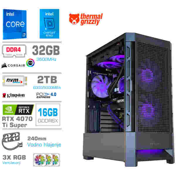 Računalnik MEGA MT S8 i7-14700K/RTX4070Ti Super/32GB/2TB-4.0/750W/Brez OS/črna RGB + Estetski napajalni kabli [Vijola / Črna]
