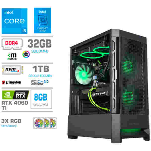 Računalnik MEGA MT S8 i5-13400/RTX4060Ti/32GB/1TB-4.0/750W/Brez OS/črna RGB + Estetski napajalni kabli [Zelena / Črna]