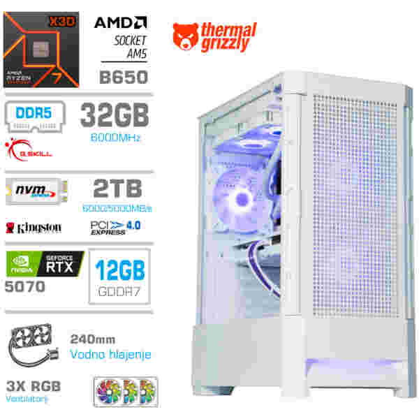Računalnik MEGA MT S8 R7-7800X3D/RTX5070/32GB-DDR5/2TB-4.0/750W/Brez OS/bela RGB + Estetski napajalni kabli [Vijolična / Bela]