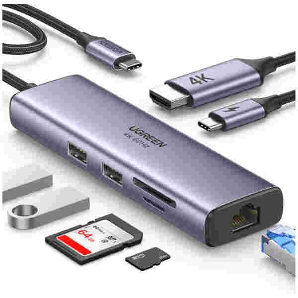 Priklopna postaja USB-C => 2x USB3.0 tip A 1x USB-C PD 100W 1x HDMI 1x RJ45 1x čitalec kartic SD/microSD Ugreen