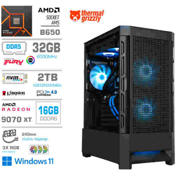 Računalnik MEGA MT S8 R7-7700X/RX9070 XT/32GB-DDR5/2TB-4.0/750W/Win11Home/črna RGB + Estetski napajalni kabli [Svetlo modra / Črna]