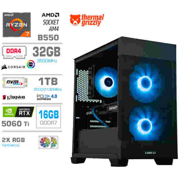 Računalnik MEGA MT S7X R7-5700X/RTX5060Ti-16GB/32GB/1TB-4.0/750W/Brez OS/črna RGB + Estetski napajalni kabli [Svetlo modra / Črna]