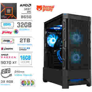 Računalnik MEGA MT S8 R7-7700X/RX9070 XT/32GB-DDR5/2TB-4.0/750W/Brez OS/črna RGB + Estetski napajalni kabli [Svetlo modra / Črna]