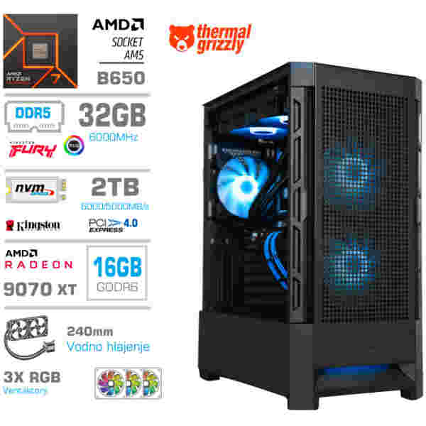 Računalnik MEGA MT S8 R7-7700X/RX9070 XT/32GB-DDR5/2TB-4.0/750W/Brez OS/črna RGB + Estetski napajalni kabli [Svetlo modra / Črna]