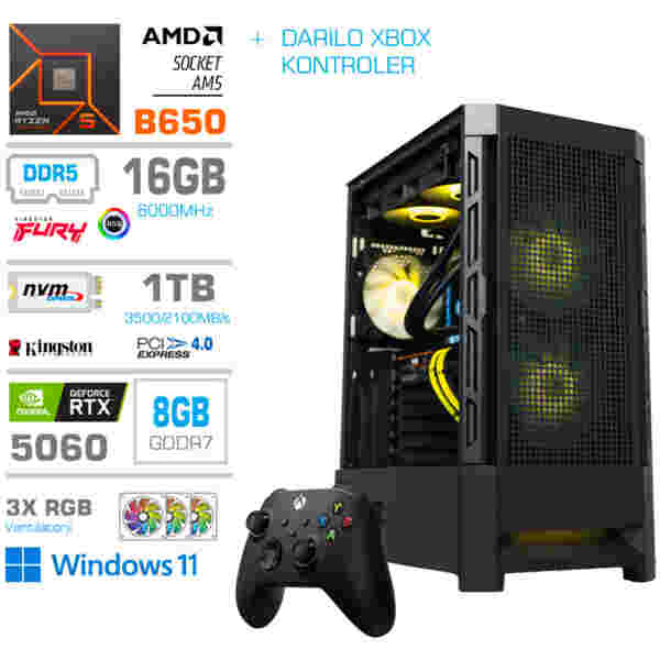 Računalnik MEGA MT S8 R5-7600/RTX5060/16GB-DDR5/1TB-4.0/750W/Win11Home/črna RGB + Estetski napajalni kabli [Rumena / Črna] * DARILO *