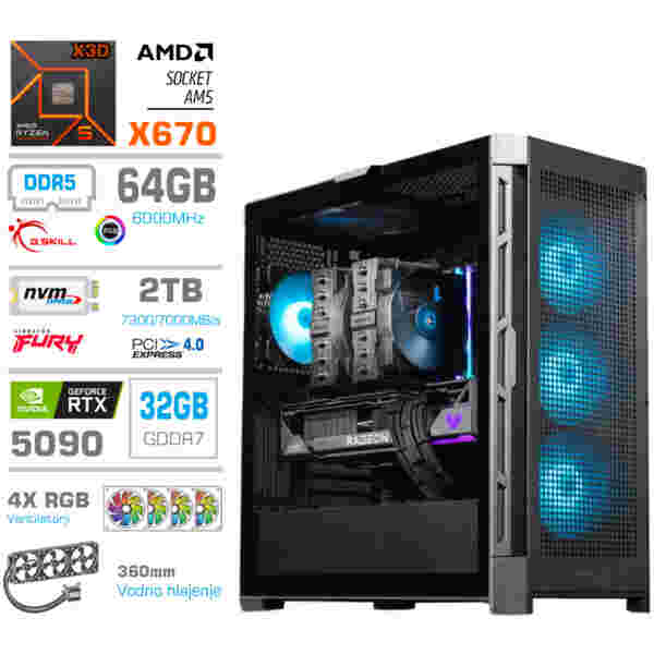 Računalnik MEGA TWR S11 R9-9900X3D/RTX5090/64GB-DDR5/2TB-4.0/1050W/Brez OS/črna RGB