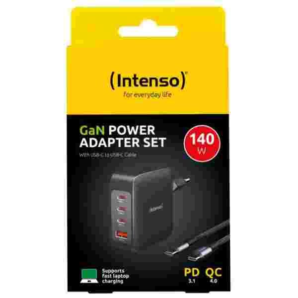Intenso 140W GaN napajalnik s priključkom 3xUSB-C in 1xUSB-A ter priloženim 2M 200W USB-C kablom