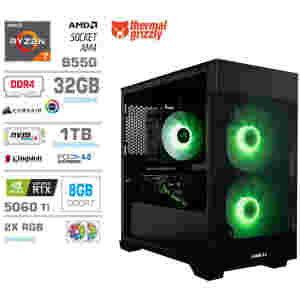 Računalnik MEGA MT S7X R7-5700X/RTX5060Ti/32GB/1TB-4.0/750W/Brez OS/črna RGB + Estetski napajalni kabli [Zelena / Črna]