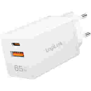 Hišni polnilec 100-240V => 1x USB-C (ž) 1x USB-A (ž) 65W GaN PD3 QC4 LogiLink (PA0371)