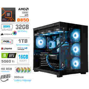 Računalnik MEGA MT S5 Ryzen 5 9600X/RTX5060Ti-16GB/32GB-DDR5/1TB-4.0/750W/Brez OS/črna RGB + Estetski napajalni kabli [Svetlo modra / Črna)