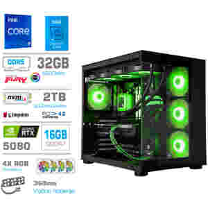 Računalnik MEGA MT S5 i9-14900KF/RTX5080/32GB-DDR5/2TB-4.0/1050W/Brez OS/črna RGB + Estetski napajalni kabli [Zelena / Črna]