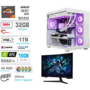 Računalnik MEGA MT S5 R7-5700X/RTX5060Ti-16GB/32GB/1TB/750W/Brez OS/bela RGB | Gaming monitor Dell 27,0" 180Hz 4K + Estetski napajalni kabli [Vijolična / Bela]