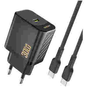 Hišni polnilec 100-240V => 1x USB-C 30W GaN PD s priloženim kablom USB-C črn Dudao (A27PCEU-Black)