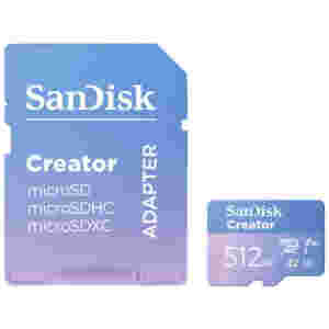 Spominska kartica microSDXC 512GB Sandisk Creator 190MB/s/130MB/s U3 V30 UHS-I A2 +adapter (SDSQXAV-512G-GN6MS)