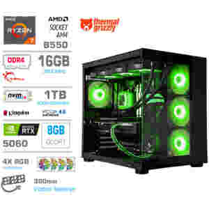 Računalnik MEGA MT S5 R7-5700X/RTX5060/16GB/1TB/750W/Brez OS/črna RGB + Estetski napajalni kabli [Zelena / Črna]